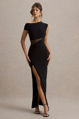 Emily | Black Asymmetric Split Maxi Dress With Mesh Detailing