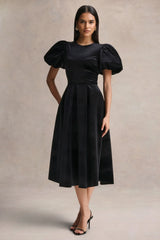 Seraphic | Black Velvet Puff-Sleeve Midi Dress