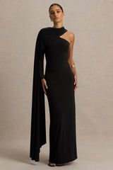 Dawn | Black High-Neck Maxi Dress With One Long Cape-Sleeve