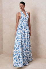 Liana | Blue Porcelain Print Halter-Neck Maxi Dress