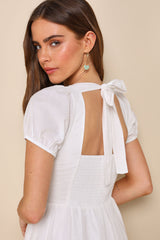 Stylish Merriment White Puff Sleeve Embroidered Midi Dress
