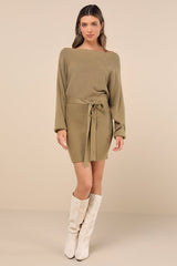 Modern Comfort Olive Green Dolman Sleeve Mini Sweater Dress