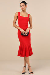 Moment Maker Red Square Neck Trumpet Midi Dress