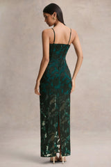 Hada | Dark Green Satin Devore Square-Neck Maxi Dress With Removable Twisted-Cape