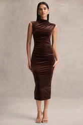 Novine | Brown Velvet High-Neck Midi Dress