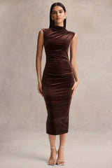 Novine | Brown Velvet High-Neck Midi Dress