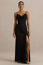 Virtue | Black Cowl-Neck Fishtail Maxi Dress With Split