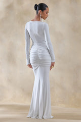 Liatris | White Wide-Neck Maxi-Dress With Gathered-Detailing