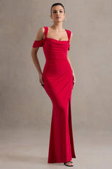Amoura | Red Square-Neck Draped Wrap Maxi Dress