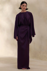 Delphina | Plum Satin Maxi Dress With Gathered And Knot-Detail