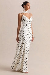 Starling | White & Black Polka Dot Satin Plunge-Neck Maxi Dress With Scarf-Detail