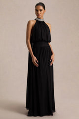 Marie | Black Halter-Neck Maxi Dress With Embellished Detailing