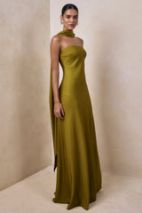 Charly | Olive Satin Bandeau Maxi Dress With Scarf-Detail