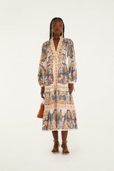 Soft Pink Sea Garden Scarf Pleated Midi Dress
