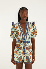 Light Green Floral Delhi Tapestry Belted Romper