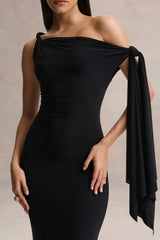 Vista | Black Asymmetric-Neck Maxi Dress With Knot-Sleeve Detail