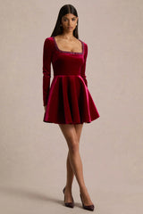 Beloved | Red Velvet Hand-Embellished Square-Neck Mini Dress