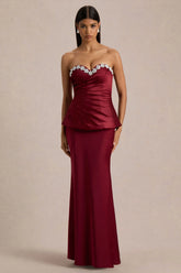 Milia | Burgundy Satin Hand-Embellished Strapless Corset Maxi Dress