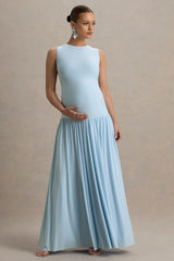 Outline | Powder Blue Crew-Neck Maternity Maxi Dress With Pleated Skirt