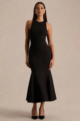 Sally | Black Crew-Neck Midi Dress With Drop Waist And Pleated Detailing