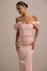 Annita | Light Pink Satin Bardot Maxi Dress