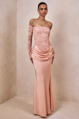 Rinna | Pink Lace And Satin Bardot-Neck Maxi Dress
