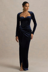 Fay | Navy Velvet Corset Style Knot Maxi Dress