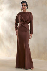Elaria | Brown Satin Maxi-Skirt