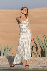 HELLO MOLLY Dotted Moment Satin Polka Dot Midi Dress Cream