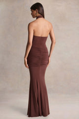 Hyla | Brown High-Neck Maxi Dress With Sash-Detail
