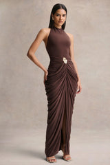 Horizon | Brown High-Neck Maxi Dress With Draped Detailing