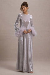 Tallie | Lilac Sequin Maxi Dress With Feather Trim