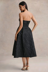Zuma | Black Metallic Jacquard Strapless Midi Dress