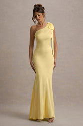 Here For Love | Pale Lemon Satin Asymmetric Maxi Dress With Bow