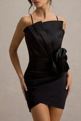 Olivette | Black Ruffled Mini Dress With Corsage Detail