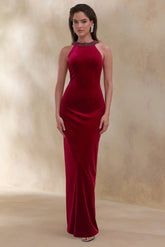 Darya | Burgundy Velvet Embellished High-Neck Maxi Dress