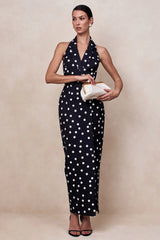 Hana | Black & White Polka Dot Plunge-Neck Tailored Maxi Dress