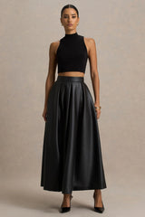 Noa | Black Faux Leather A-Line Midi Skirt