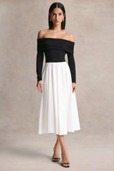 Frederica | Black And White Bardot-Neck Midi Dress