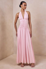 Bettina | Pink Plunge-Neck Maxi Dress With Gathered-Detailing