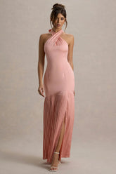 Sansa | Light Pink Satin Cross Halter-Neck Plisse Maxi Dress