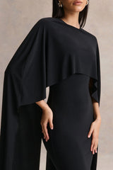 Kalani | Black Crew-Neck Midi Dress With Cape-Sleeves