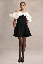 Brynne | Black & Cream Velvet Mini Dress With Satin Puff Sleeves