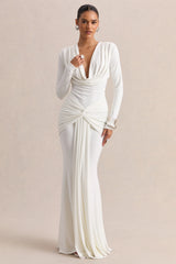 Palerma | White Draped Cowl-Neck Maxi-Dress With Gathered-Detailing