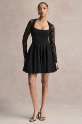 Elowen | Black Square-Neck Mini Dress With Lace-Sleeves