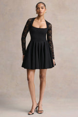 Elowen | Black Square-Neck Mini Dress With Lace-Sleeves