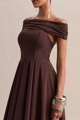Mavina | Brown Bardot-Neck Midi Dress