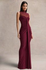 Brialle | Burgundy High-Neck Maxi Dress With Mesh And Gathered-Detailing