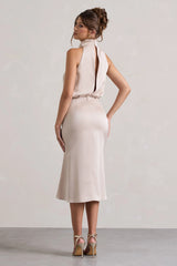 Geena | Champagne Satin Twisted High-Neck Midi Dress