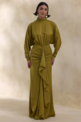 Perla | Olive High-Neck Maxi Dress With Gathered-Detailing